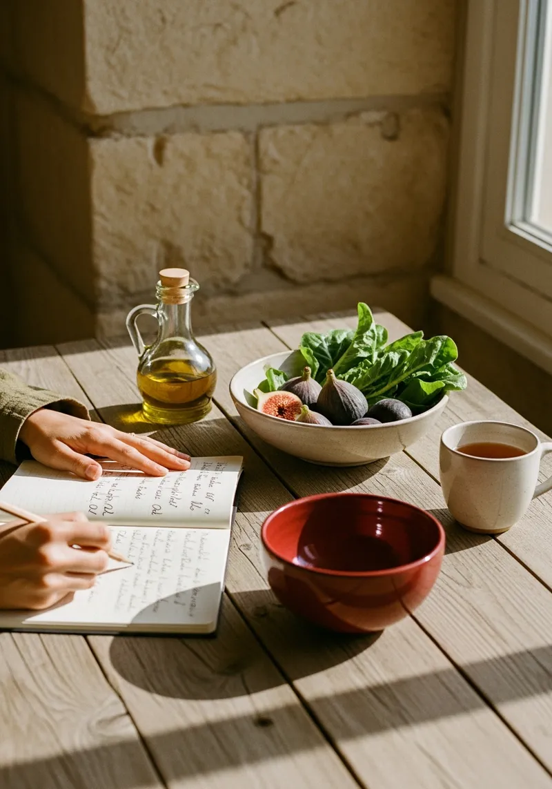 Hands writing meal notes beside fresh produce and tea on a sunlit table
