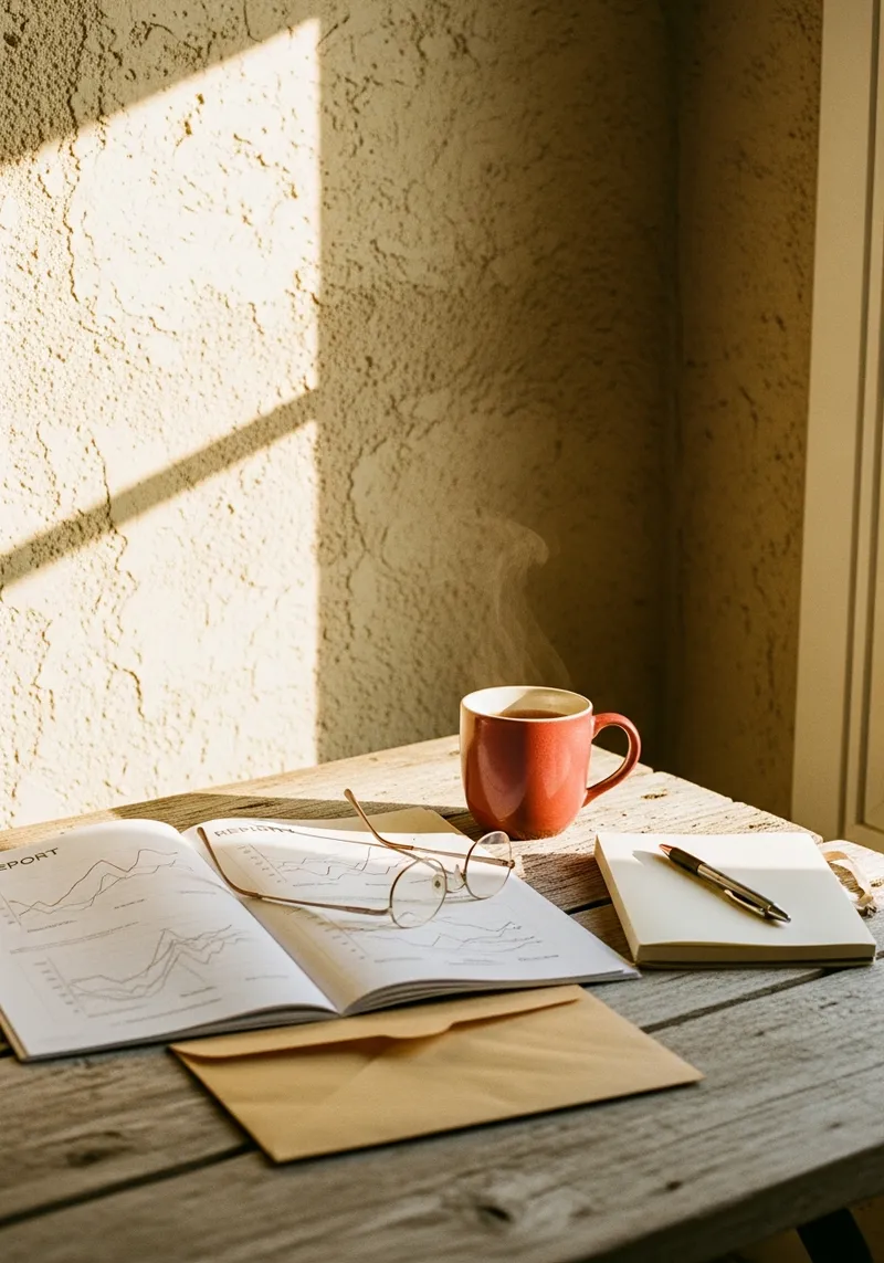 An open results report with reading glasses and a red mug on a sunlit table