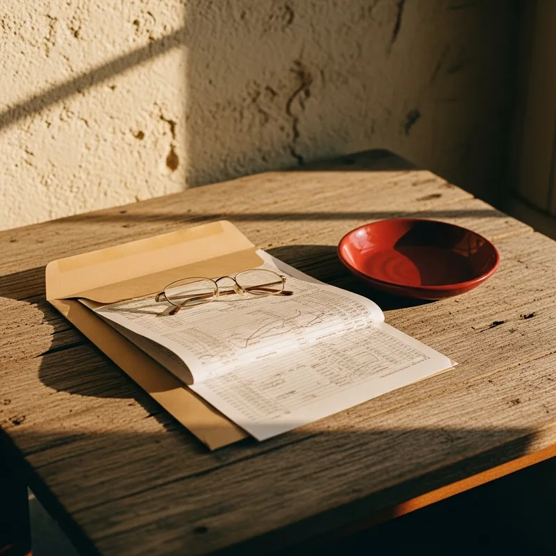 A referral letter, reading glasses and keys in a red dish on a sunlit table