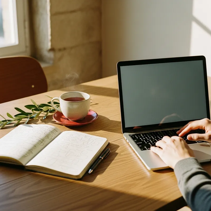 Hands at a laptop with a notebook and tea on a warm wooden table