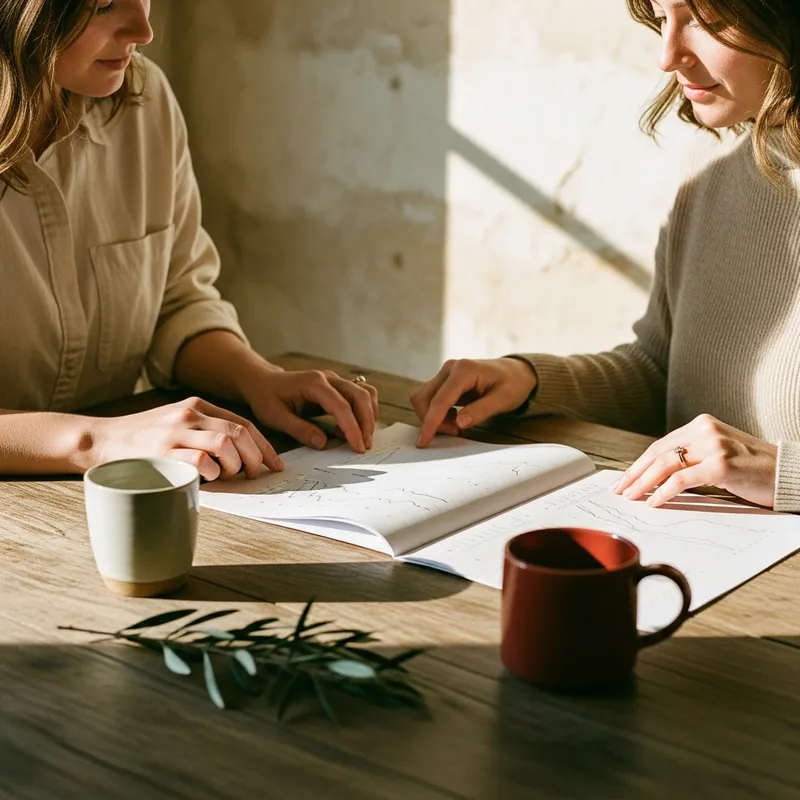 Two people reviewing printed results together at a sunlit table
